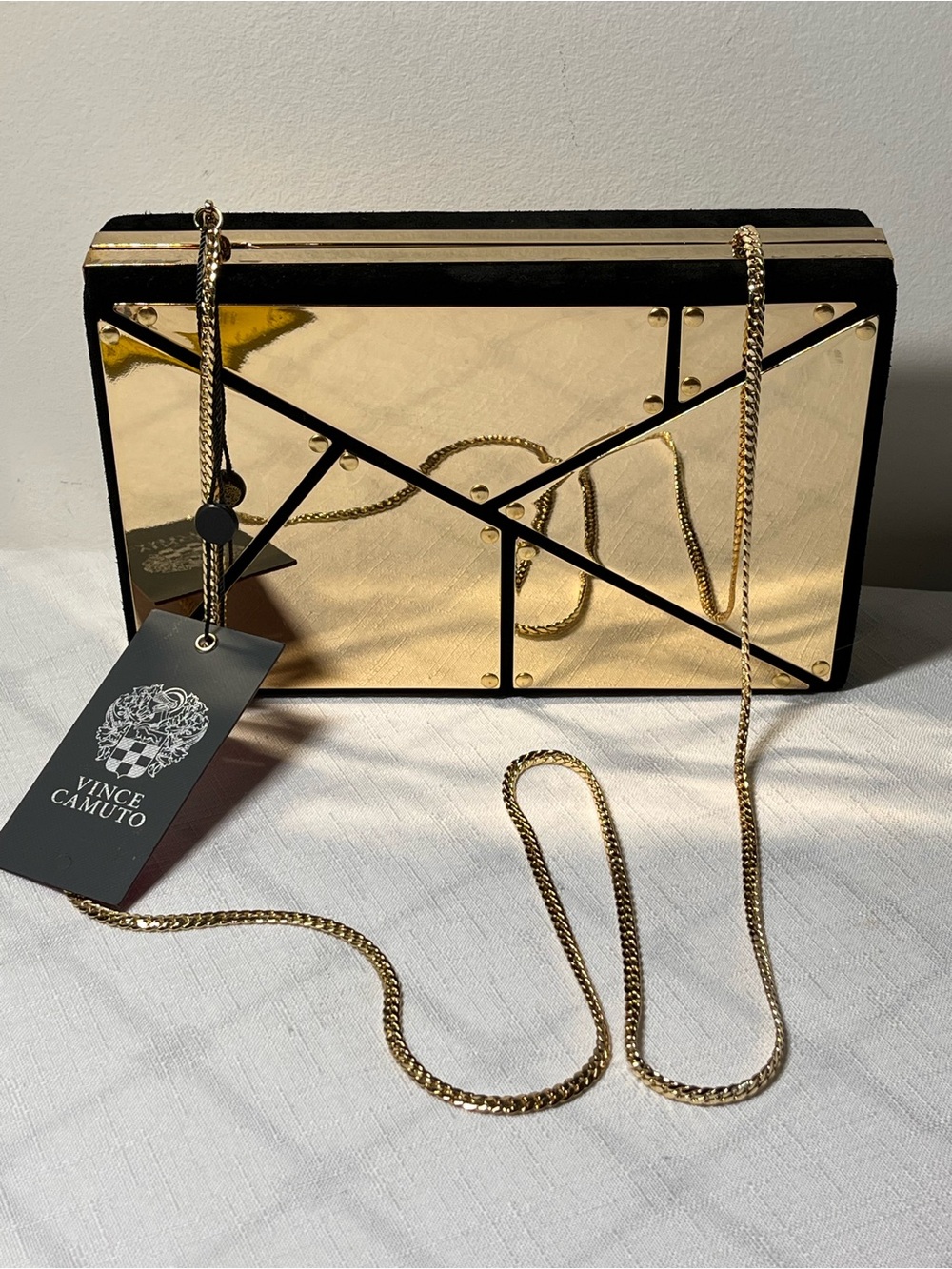 Vince Camuto Gold Mirror Box Clutch Purse with removable Chain Strap